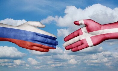 Denmark and Russia country handshaking with flags, consensus concept international co-operation illustration