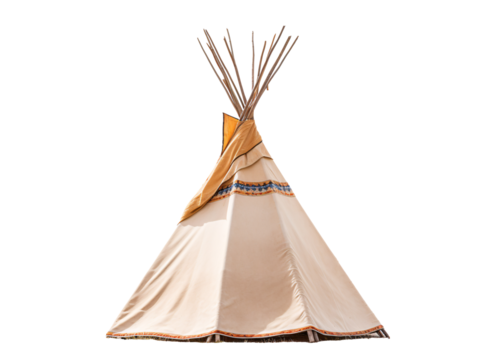 a white tent with blue and orange stripes