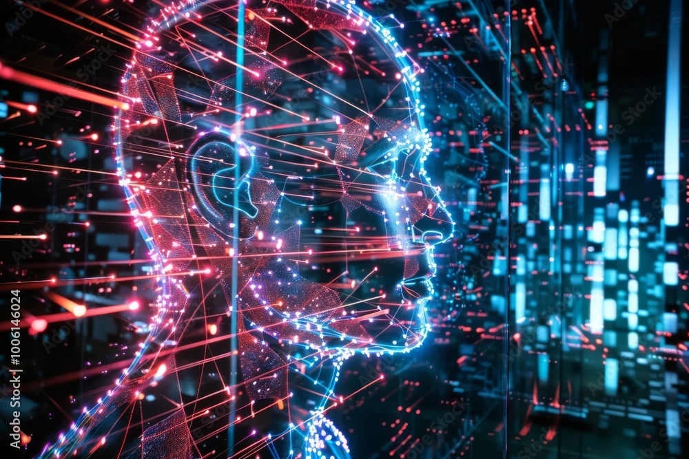 Poster a futuristic silhouette of a human head illuminated by vibrant neon lines in a digital landscape fil