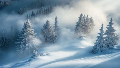 Snow-covered fir trees stand tall in a misty mountain landscape.