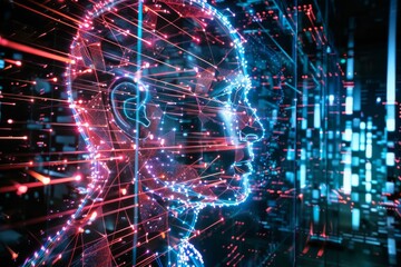 A futuristic silhouette of a human head illuminated by vibrant neon lines in a digital landscape filled with data streams and holograms. Generative AI