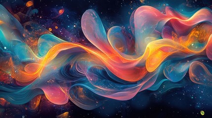 Obraz premium A cascade of glowing, abstract shapes in bright colors, flowing across a dark background, creating a dynamic, futuristic design.