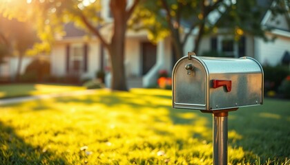  Close-up of a mailbox in front of a detached house's garden on a sunny summer day.