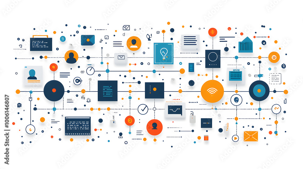 Poster abstract illustration of digital connectivity, featuring icons, graphs, and data representing modern