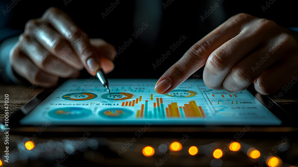 Aufkleber close-up of hands using a tablet to analyze data with charts and graphs, ideal for business and fina