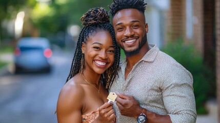 A joyful couple standing outside their new home, holding the keys with big smiles on their faces, capturing the excitement of becoming first-time homeowners