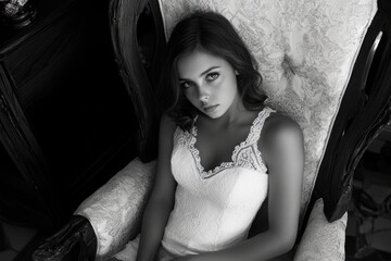 Obraz premium Woman in White Dress Sitting