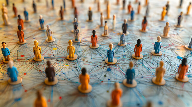 Colorful figures represent a diverse network of people connected by lines, symbolizing collaboration and community engagement.
