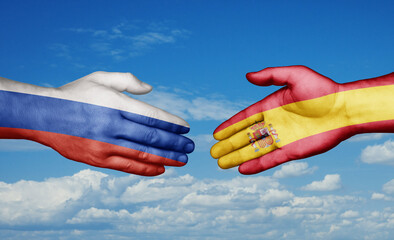 Spain and Russia country handshaking with flags, consensus concept international co-operation illustration
