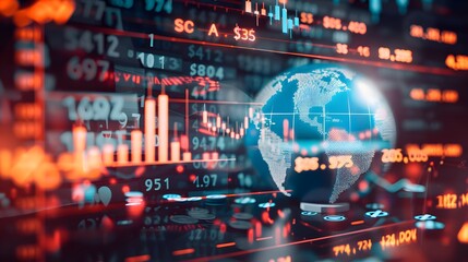 A globe surrounded by stock market data.