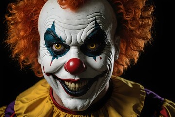 Scary horror clown, halloween night background, halloween clown close-up picture