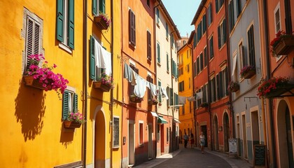 Fototapeta premium Tourist street with Italian-style houses featuring laundry on lines, full of charm.