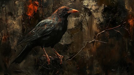 Black Crow in a Dark Forest - A Painting