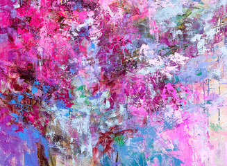 Abstract floral painting. Pink paint splashes. Beautiful artistic texture. Acrylic artwork on canvas. 
Blue and pink background. Blossom abstraction. Big brush strokes.   Drippings of watercolor 