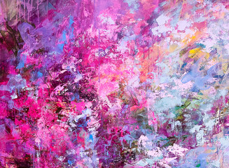 Abstract floral painting. Pink paint splashes. Beautiful artistic texture. Acrylic artwork on canvas. 
Blue and pink background. Blossom abstraction. Big brush strokes.   Drippings of watercolor 