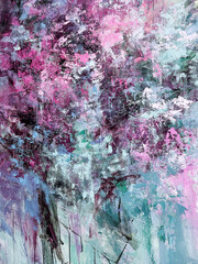 Abstract floral painting. Pink paint splashes. Beautiful artistic texture. Acrylic artwork on canvas. 
Blue and pink background. Blossom abstraction. Big brush strokes.   Drippings of watercolor 