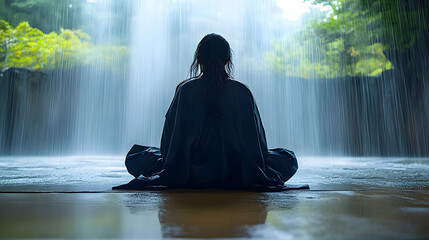 Obraz premium Meditation Under a Waterfall: Finding Inner Peace in the Sounds of Nature