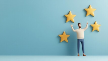 Happy client leaving positive review, great service, cartoon style, 3D illustration