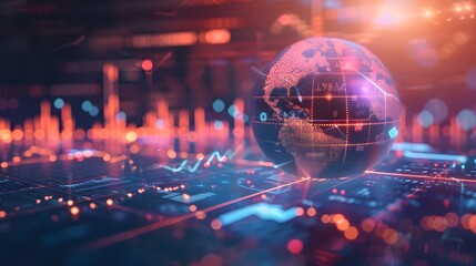 A glowing earth globe with data graphs and charts in the background, representing global connectivity, and economic growth.