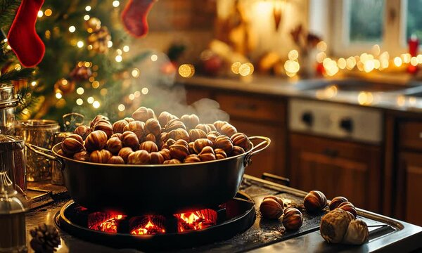 Roasting chestnuts on an open fire in a cozy kitchen, with festive decorations and a warm holiday atmosphere. . Video
