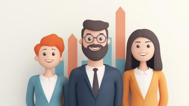 Smiling employees with performance graphs, office satisfaction, cartoon style, 3D illustration