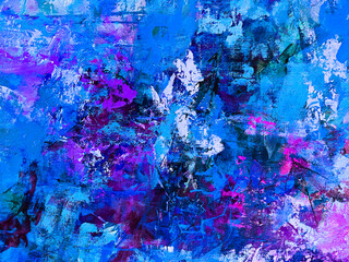 Abstract floral painting. Pink paint splashes. Beautiful artistic texture. Acrylic artwork on canvas. 
Blue and pink background. Blossom abstraction. Big brush strokes.   Drippings of watercolor 