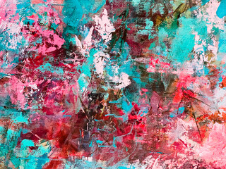 Abstract floral painting. Pink paint splashes. Beautiful artistic texture. Acrylic artwork on canvas. 
Blue and pink background. Blossom abstraction. Big brush strokes.   Drippings of watercolor 
