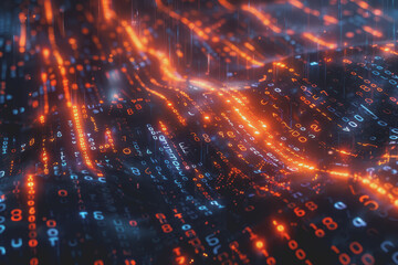 Obraz premium Futuristic digital abstraction Neon lights streaming data Binary code Blue and orange high tech.