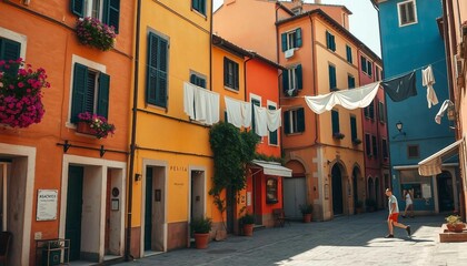 Tourist street with Italian-style houses featuring laundry on lines, full of charm.