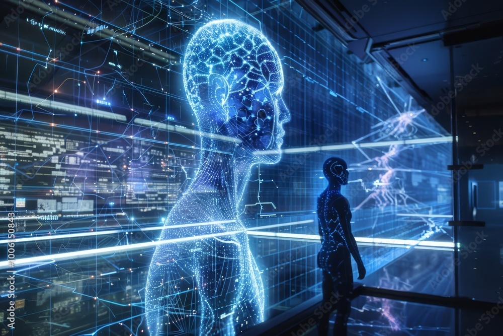 Poster exploring the intersection of humanity and technology in a futuristic digital landscape at twilight.
