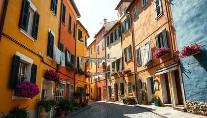 Fototapeta premium Tourist street with Italian-style houses featuring laundry on lines, full of charm.