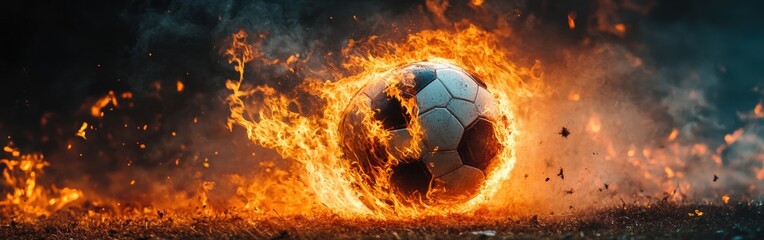 Naklejka premium Soccer Ball Engulfed in Flames in Dramatic Fiery Motion