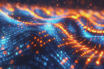 Obraz premium Futuristic digital abstraction Neon lights streaming data Binary code Blue and orange high tech.