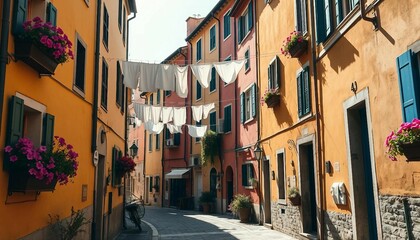 Obraz premium Tourist street with Italian-style houses featuring laundry on lines, full of charm.