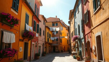 Fototapeta premium Tourist street with Italian-style houses featuring laundry on lines, full of charm.