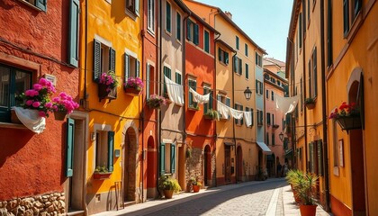 Fototapeta premium Tourist street with Italian-style houses featuring laundry on lines, full of charm.