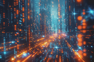 Obraz premium Futuristic digital abstraction Neon lights streaming data Binary code Blue and orange high tech.