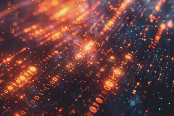 Futuristic digital abstraction Neon lights streaming data Binary code Blue and orange high tech.