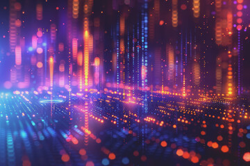 Obraz premium Futuristic digital abstraction Neon lights streaming data Binary code Blue and orange high tech.