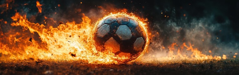 Fototapeta premium Soccer Ball Engulfed in Flames in Dramatic Fiery Motion