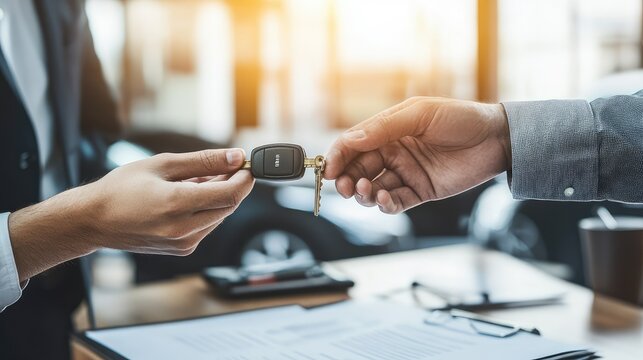 Handing Over Car Keys: A close-up shot depicts the exchange of car keys between a salesperson and a customer, symbolizing a successful car purchase and the beginning of a new journey.