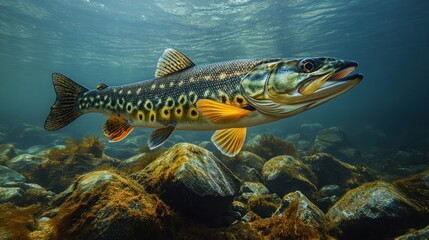 Fototapeta premium Underwater view of a trout swimming among rocks and vegetation.