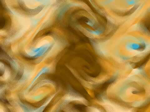 Abstract digital art featuring a captivating blend of swirling gold, brown, and turquoise hues.