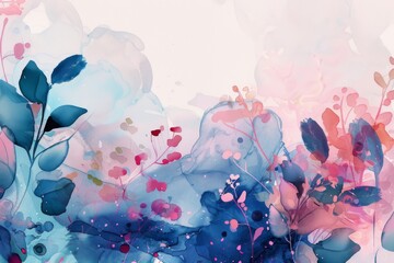 A painting of flowers with blue and pink colors
