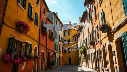 Fototapeta premium Tourist street with Italian-style houses featuring laundry on lines, full of charm.