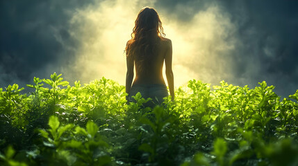 Woman in Field of Green Plants with Sunbeams