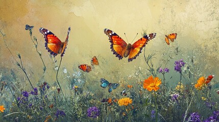 Vibrant Butterflies in Colorful Flower Field