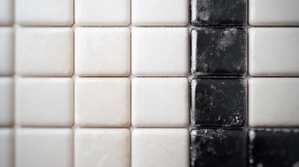 Naklejka premium Textured old black and white tiles, seamless design, high-quality detail, minimalist setting, clean lines, ample free space for versatile applications.