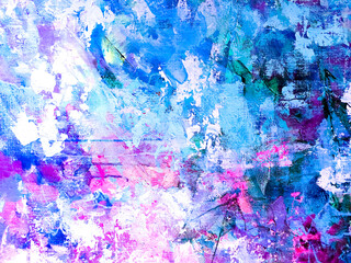Abstract floral painting. Pink paint splashes. Beautiful artistic texture. Acrylic artwork on canvas. 
Blue and pink background. Blossom abstraction. Big brush strokes.   Drippings of watercolor 