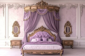 luxury classic royal bedroom with light purple elegant traditional royal wooden bed with canopy royal beds and elegant intricate carving frame 
